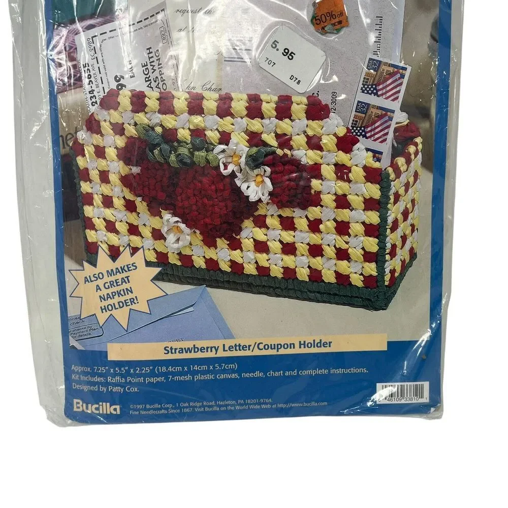 BUCILLA Strawberry Letter‎ Holder Paper Raffia Plastic Canvas Kit Vintage NEW